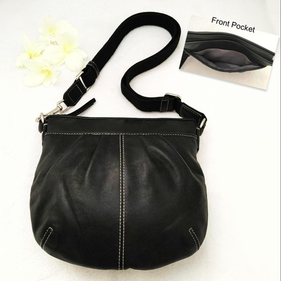Genuine Leather Black Small Purse Shoulder Crossbody Bag Pleated White Stitched - Picture 3 of 10